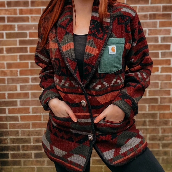 Carhartt Sweaters - Vintage aztec print wool blend Eddie Bauer jacket with carhartt pocket